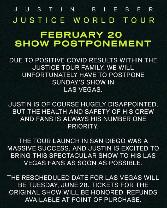 Comunicado oficial del tour de Justin Bieber. Foto: Justice World Tour/ Instagram