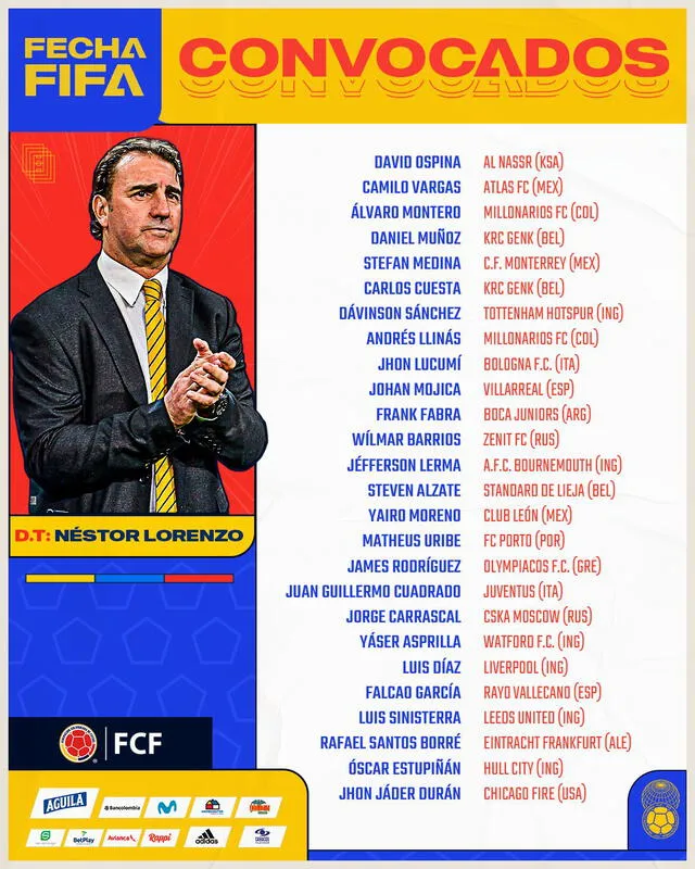 Convocados de la selección colombiana por Néstor Lorenzo. Foto: Selección Colombia