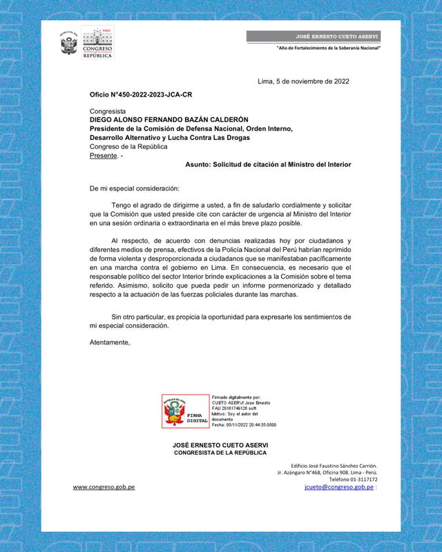 José Cueto envió oficio a Diego Bazán. Foto: documento