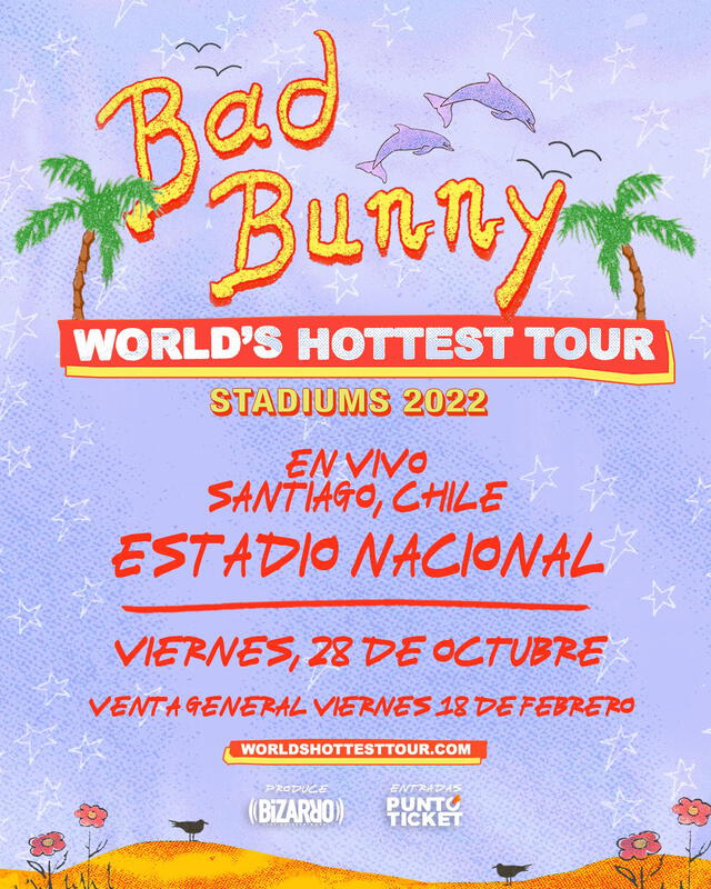 El World's Hottest Tour de Bad Bunny realizará una parada en el Estadio Nacional de Chile el próximo 28 de octubre. Foto: Bizarro Live Entertainment - Twitter