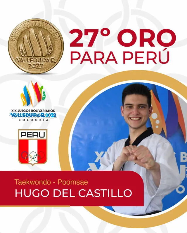 Hugo Del Castillo ganó una medalla de oro en Taekwondo. Foto: Twitter/IPD