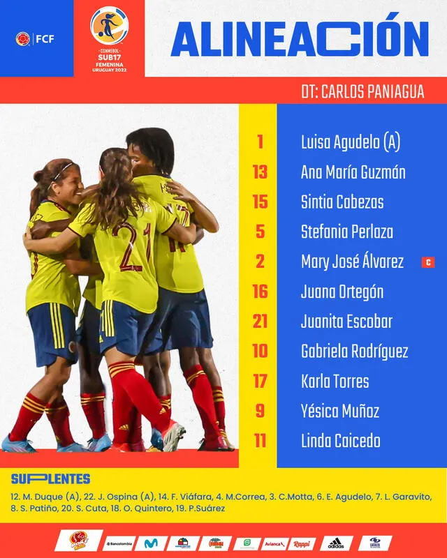 Once titular Selección de Colombia Sudamericano Femenino Sub 17. Foto: Twitter Selección de Colombia