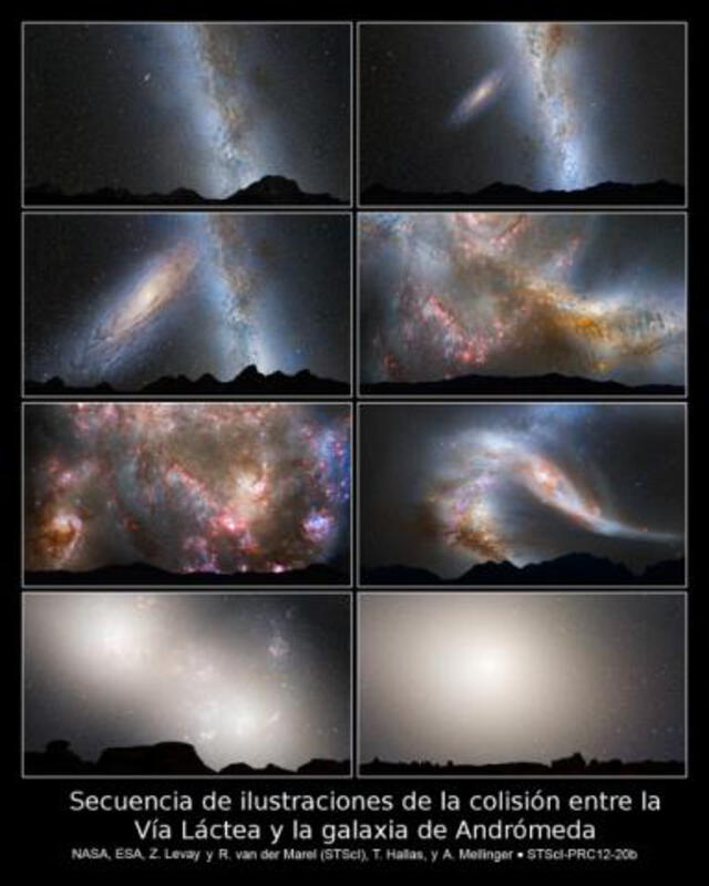 Colisión entre la Vía Láctea y Andrómeda. La primera imagen es de la actualidad; la última, de 7.000 millones de años después | Foto: NASA / ESA