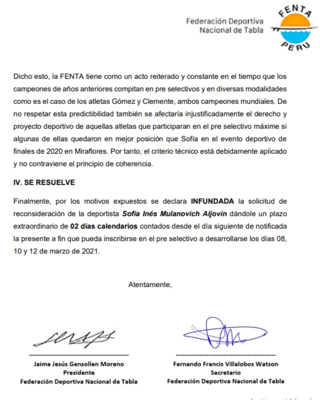 Documento de la Federación Peruana de Surf sobre reclamo de Sofía Mulanovich.