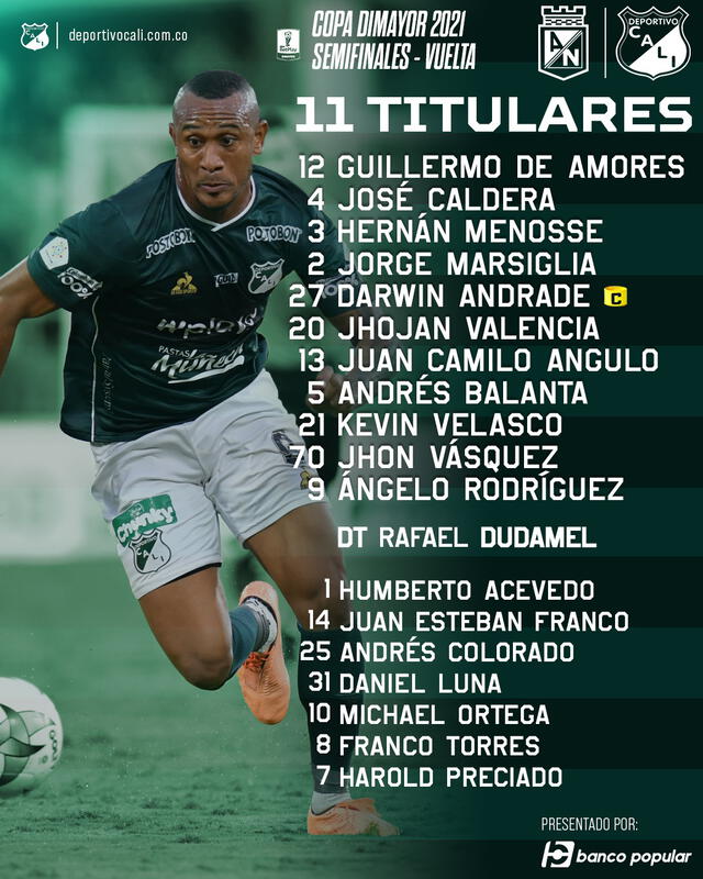 Los titulares de Deportivo Cali para enfrentar a Atlético Nacional. Foto: @AsoDeporCali