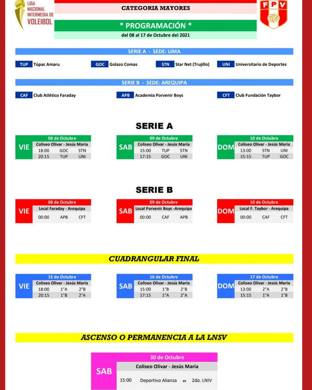 Programación de la Liga Intermedia. Foto: FPV