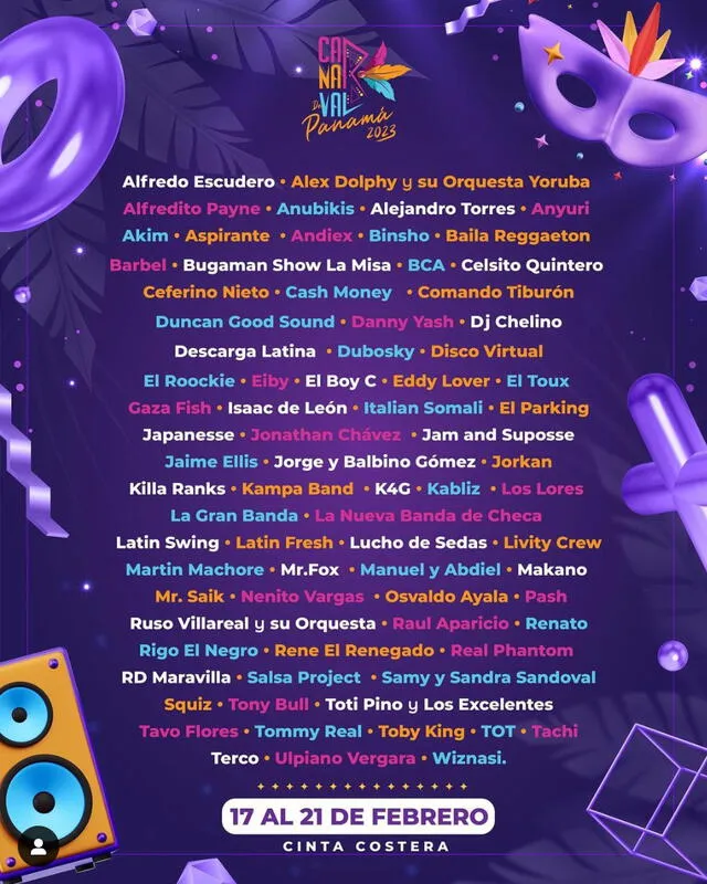 Carnaval de la City 2023: line-up de artistas. Foto: Carnaval de Panamá/Instagram   
