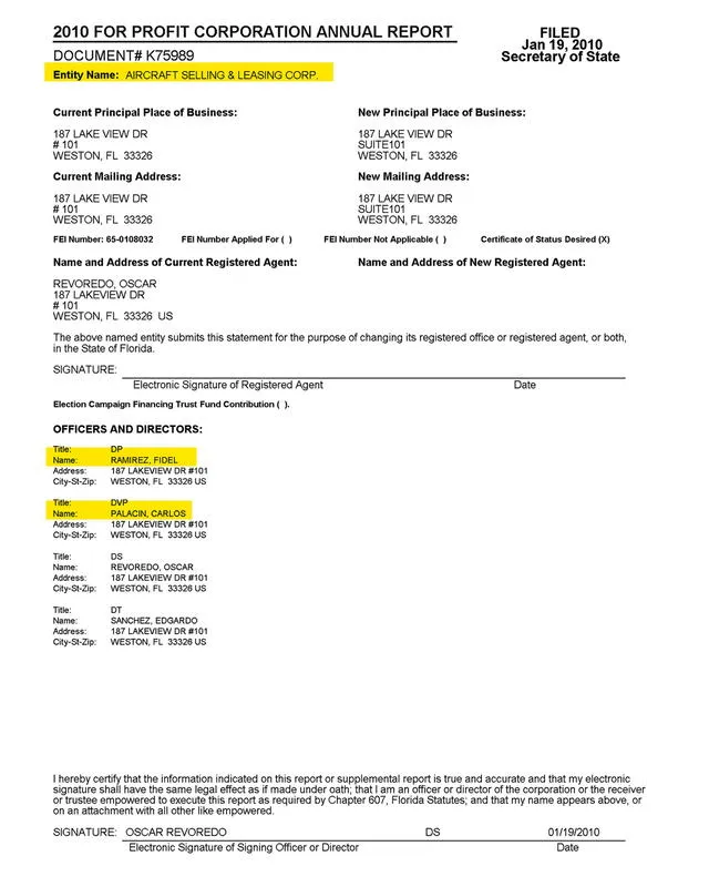  Registro. En 2010, la compañía Aircraft Selling &amp; Leasing Corp. de Miami informa de la incorporación de Fidel Ramírez Prado como director. Foto: difusión   