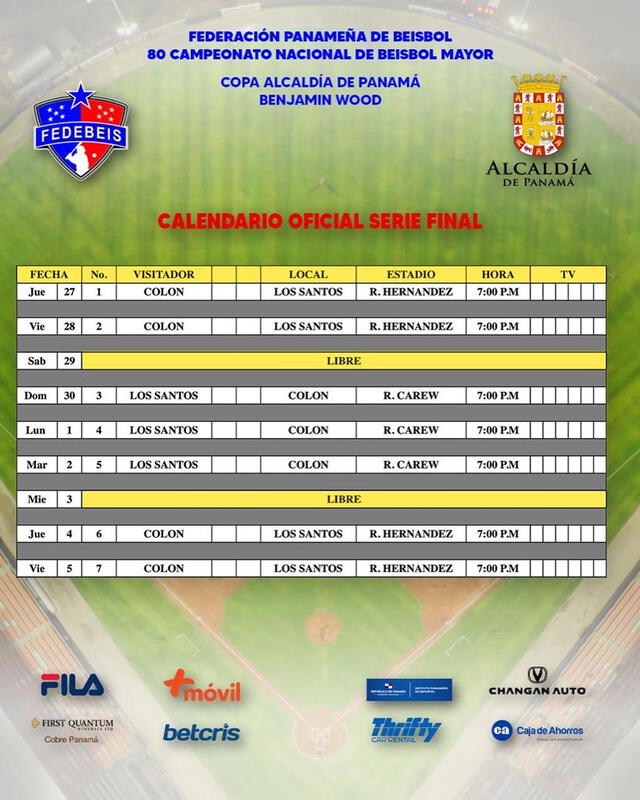 Calendario de la final del Béisbol Mayor entre Colón vs. Los Santos.