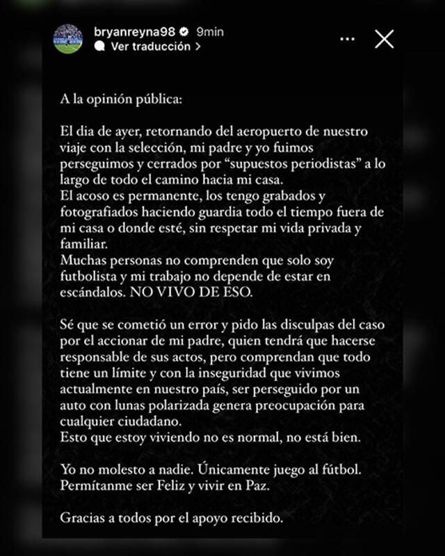 Comunicado de Bryan Reyna. Foto: captura Instagram. 