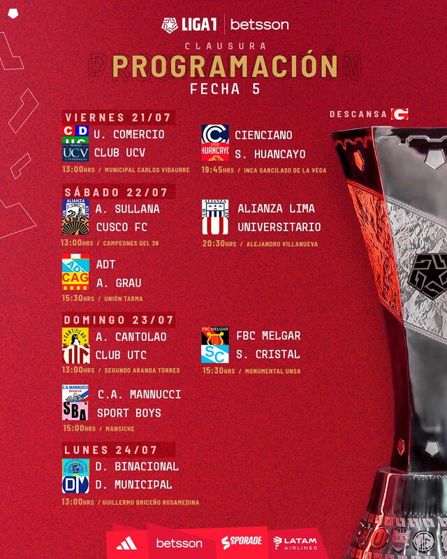 Programación de la fecha 5 del Torneo Clausura 2023. <strong>Foto: Twitter/Liga 1</strong>   