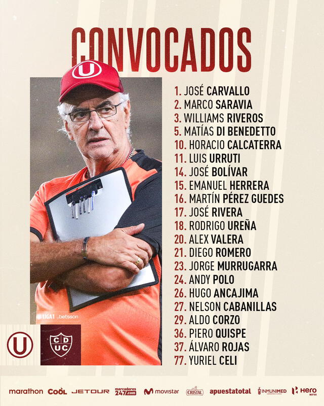  Lista de convocados en Universitario frente a Unión Comercio. Foto: Universitario   