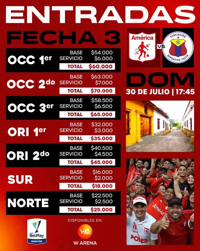 Precios de las boletas para el duelo ante Deportivo Pasto. Foto: América de Cali 