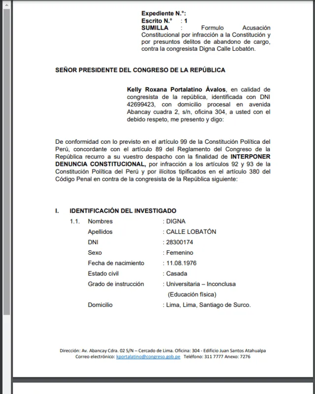  Kelly Portalatino presenta denuncia constitucional contra Digna Calle por abandono de cargo. Foto: La República    