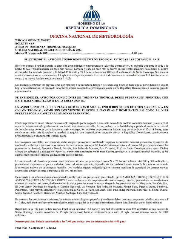 mapa de la trayectoria de la tormenta Franklin | tempete Franklin | huracán | seguimiento a tormenta Franklin | decreto presidencial | ONAMET | Puerto Rico