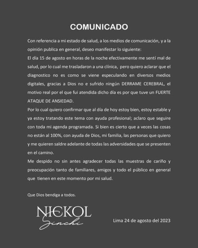 Comunicado Nickol Sinchi a través de las redes. Foto: Facebook de Nickol Sinchi.   