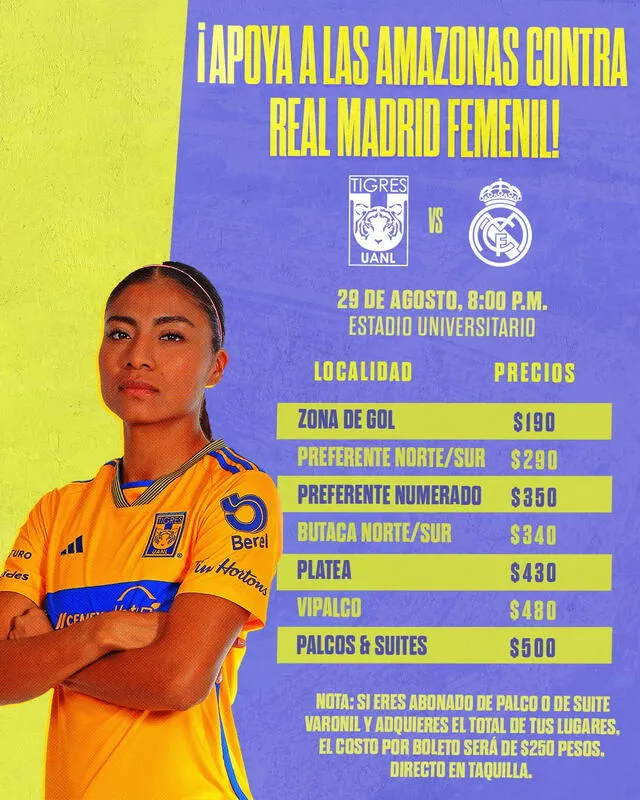 Precios de las entradas para el partido ante Real Madrid. Foto: Club Tigres Femenil   