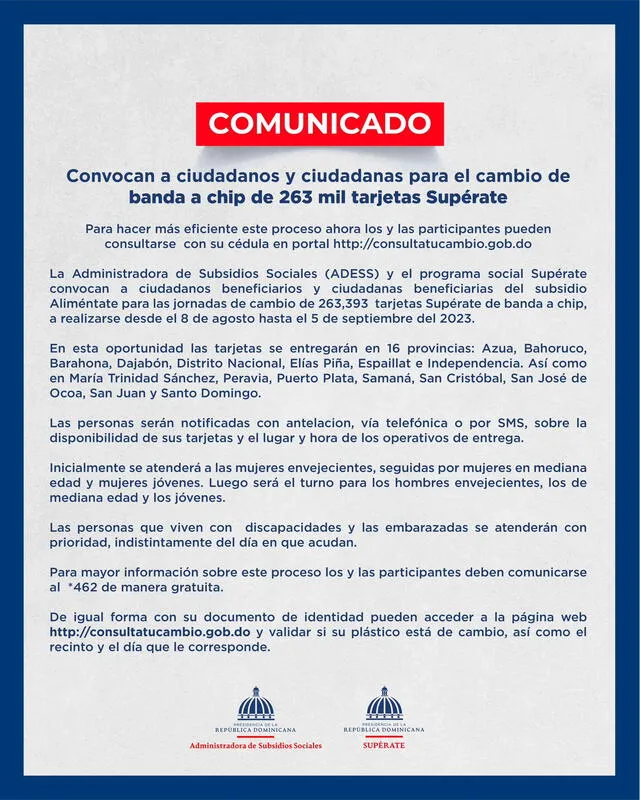 El Gobierno de RD convoca a nuestros beneficiarios y beneficiarias del subsidio Aliméntate a las jornadas de cambio de tarjetas. Foto: Twitter Supérate 