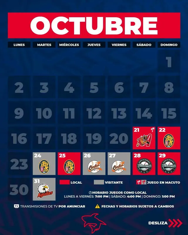 El calendario de octubre de Tiburones de La Guaira en la LVBP 2023-24. Foto: Tiburones de La Guaira   