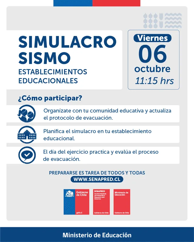 Este viernes 6 de octubre se realizará el simulacro de sismo a nivel educativo. Foto: Gobierno de Chile   