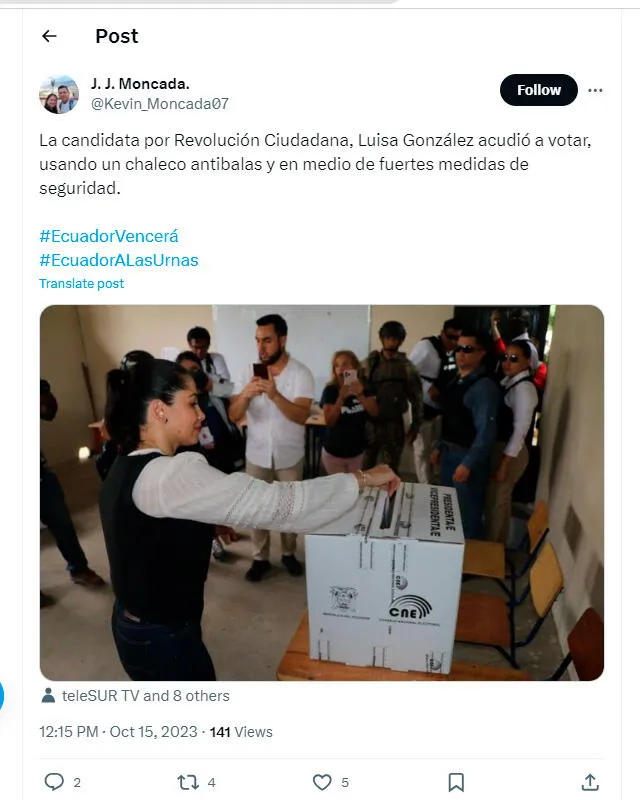  Luisa González acudió a participar de las Elecciones en Ecuador. Foto: Composición LR/Twitter.    