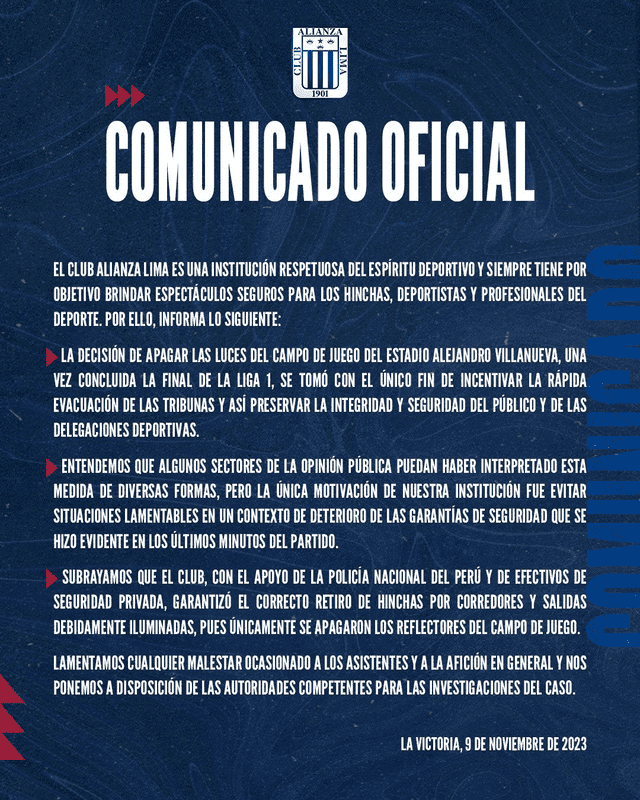 Comunicado de Alianza Lima sobre el apagón en Matute. <strong>Foto: Alianza Lima</strong>   