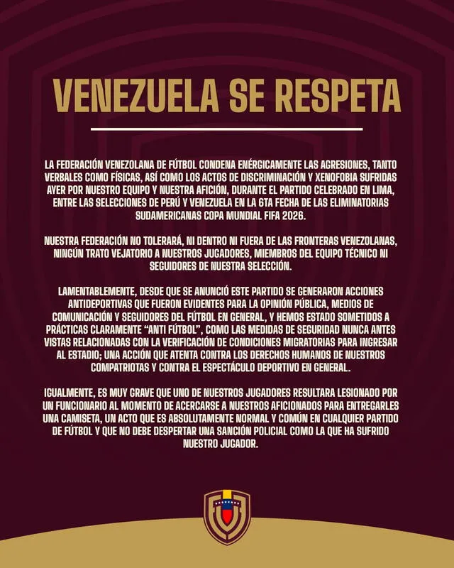 Pronunciamiento de la Federación Venezolana de Fútbol. Foto: X/FVF_Oficial    