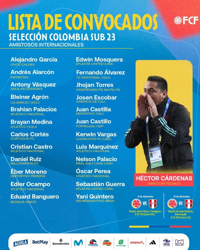 Convocados del equipo cafetero sub-23. Foto: selección Colombia   