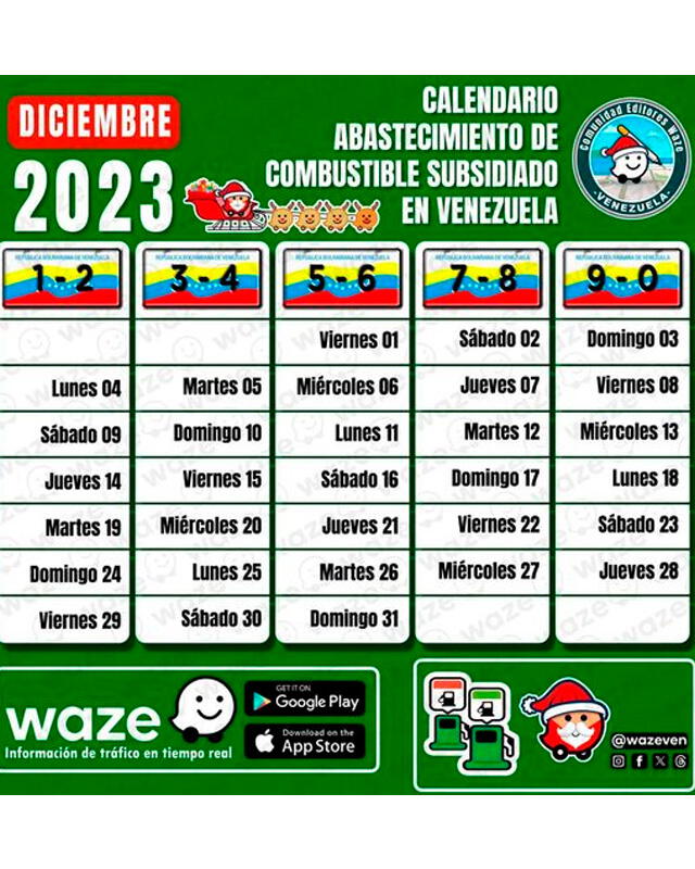  Este es el cronograma de diciembre de la gasolina subsidiada en Venezuela. Foto: WazeVen/ Instagram   