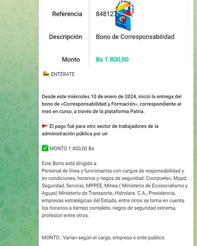 Ya se empezó a pagar el Bono de Corresponsabilidad enero 2024. Foto: Telegram Patria.   