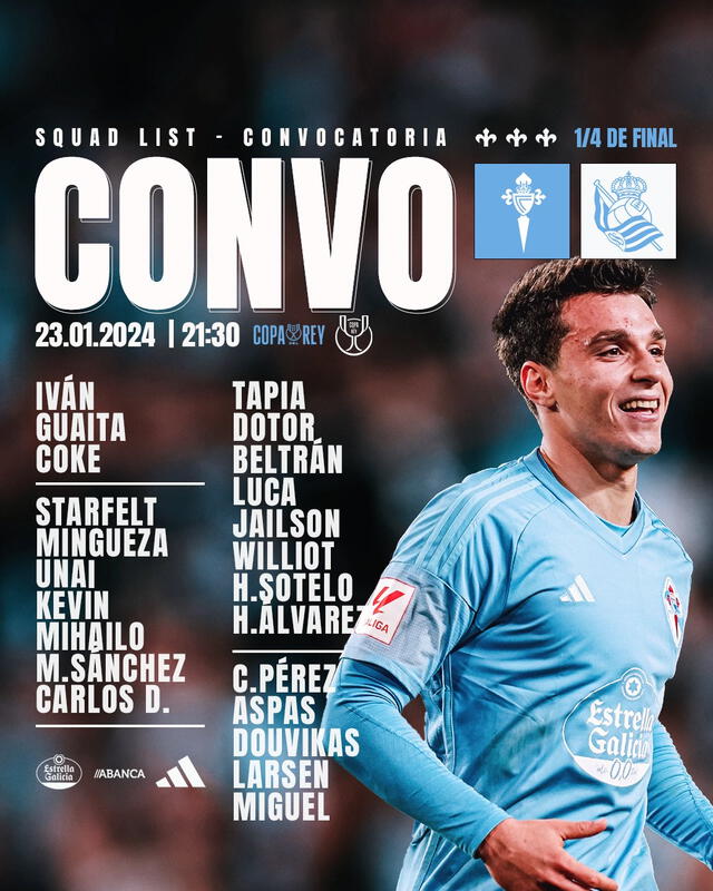 Convocados del Celta de Vigo para enfrentar a la Real Sociedad. Foto: RC Celta/X   