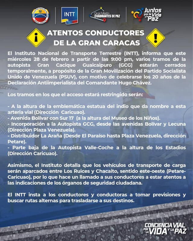  Anuncio del INTT sobre el cierre de la autopista Francisco Fajardo en Caracas. Foto: INTT/X 