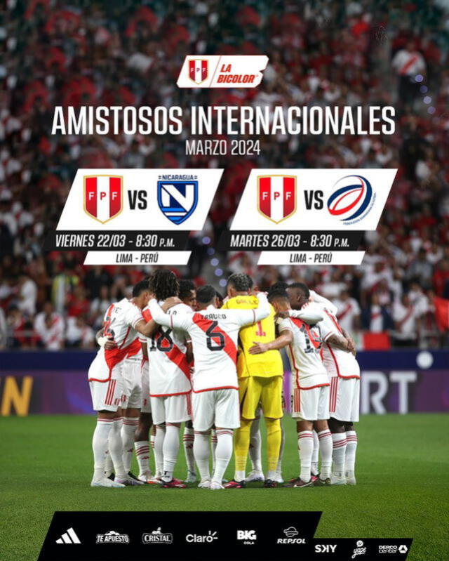 Flyer oficial de los amistosos de la selección peruana para marzo. Foto: FPF   