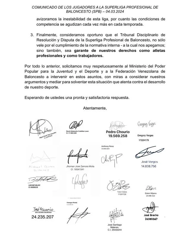 Carta de los jugadores de la Superliga Profesional de Baloncesto (siguen firmas). Foto: josegvargas10/Twitter   