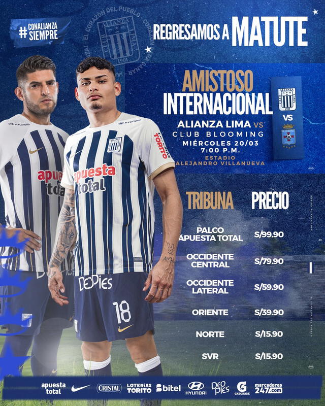 Entradas para el partido amistoso entre Alianza Lima vs. Blooming. Foto: Alianza Lima   