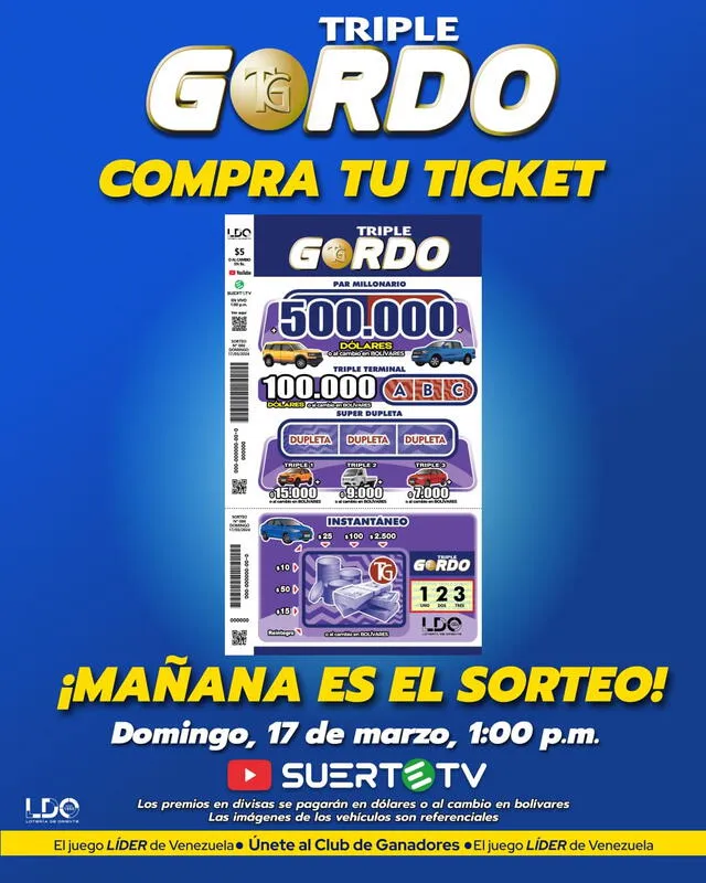 Imagen de la página que promociona el sorteo del domingo 17 de marzo. Foto: Triple Gordo/Instagram