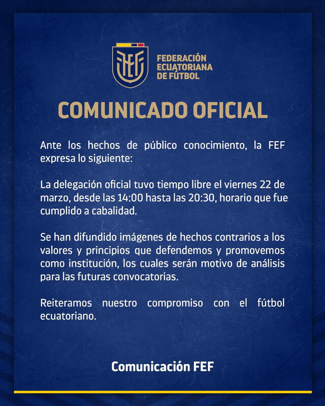 Pronunciamiento de la Federación Ecuatoriana de Fútbol. Foto: FEF   
