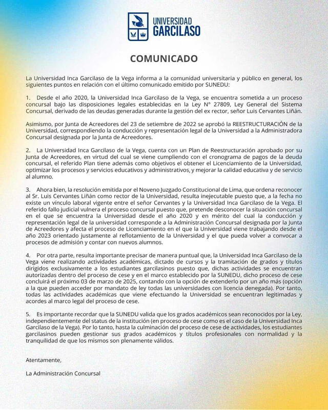 Comunicado de la Universidad Inca Garcilaso de la Vega. Foto: UIGV   