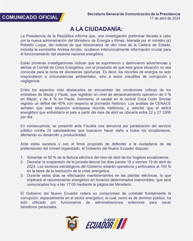 Pronunciamiento del Gobierno de Noboa. Fuente: Gobierno de Ecuador   