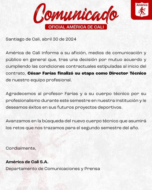 Comunicado oficial de la salida de César Farías. Foto: América de Cali   