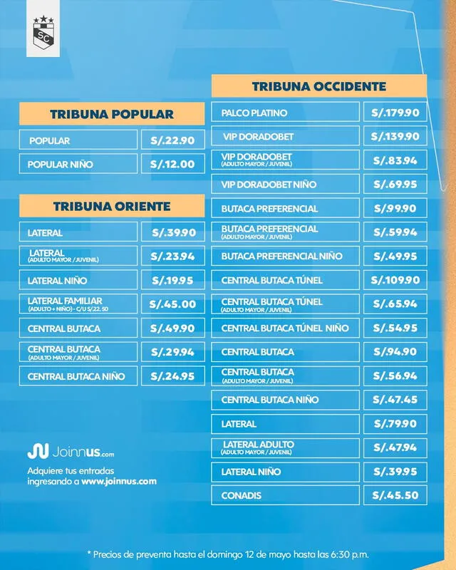 La entradas al duelo contra Unión Comercio van desde los 23 soles. Foto: Sporting Cristal   