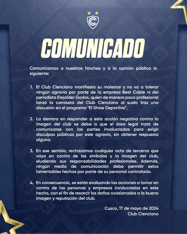 Comunicado oficial. Foto: Club Cienciano   