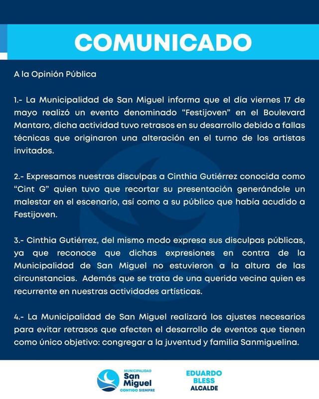 El comunicado de la Municipalidad de San Miguel refiriéndose al incidente con Cint G. Foto: Facebook   