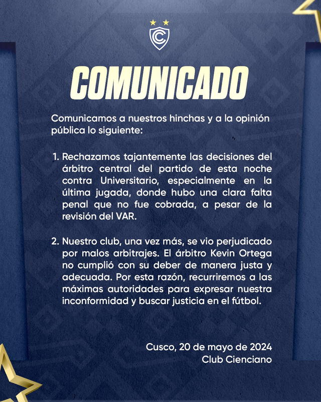 Pronunciamiento del club cusqueño. Foto: Cienciano   