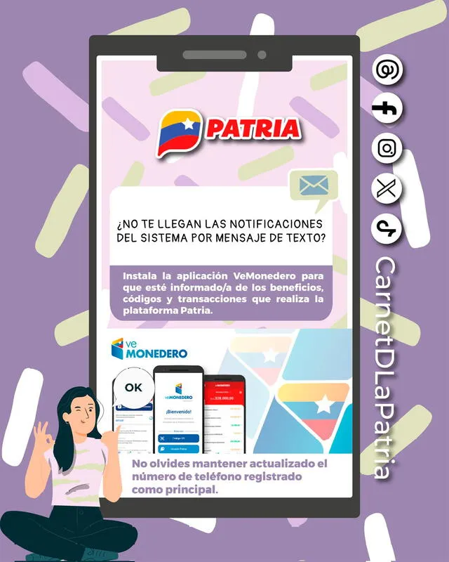 La aplicación VeMonedero te permitirá recibir las notificaciones del sistema Patria. Foto: Carnet de la patria / X   