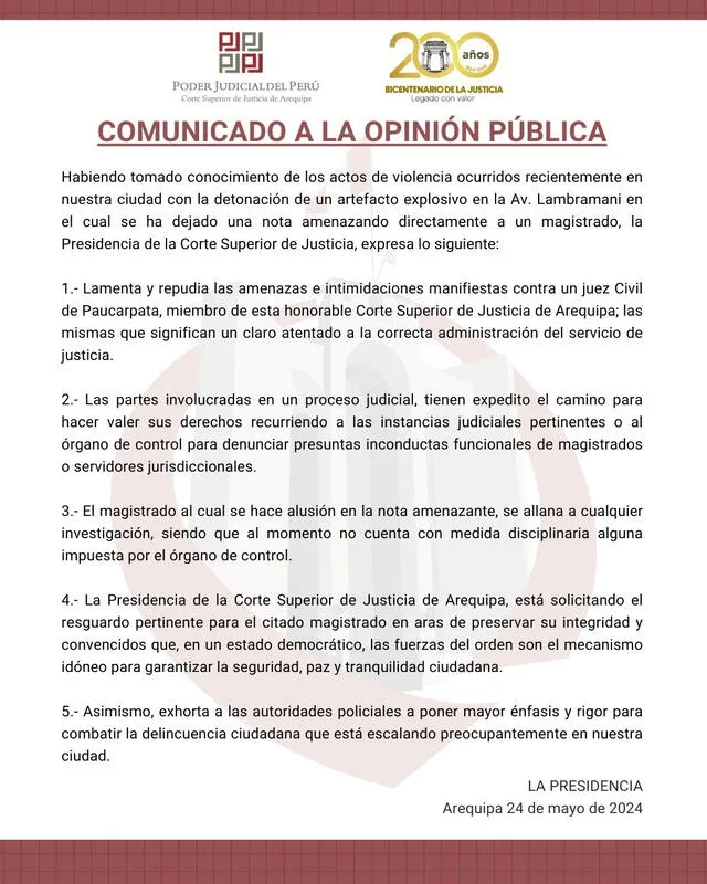 Comunicado emitido por la Corte de Justicia de Arequipa con relación a amenaza contra juez. Foto: CSJA
