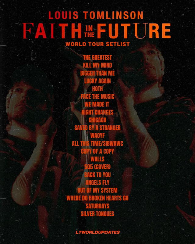 Setlist del concierto de Louis Tomlinson como parte de su gira 'Faith in the future'. Foto: X/@LTWorldUpdates    