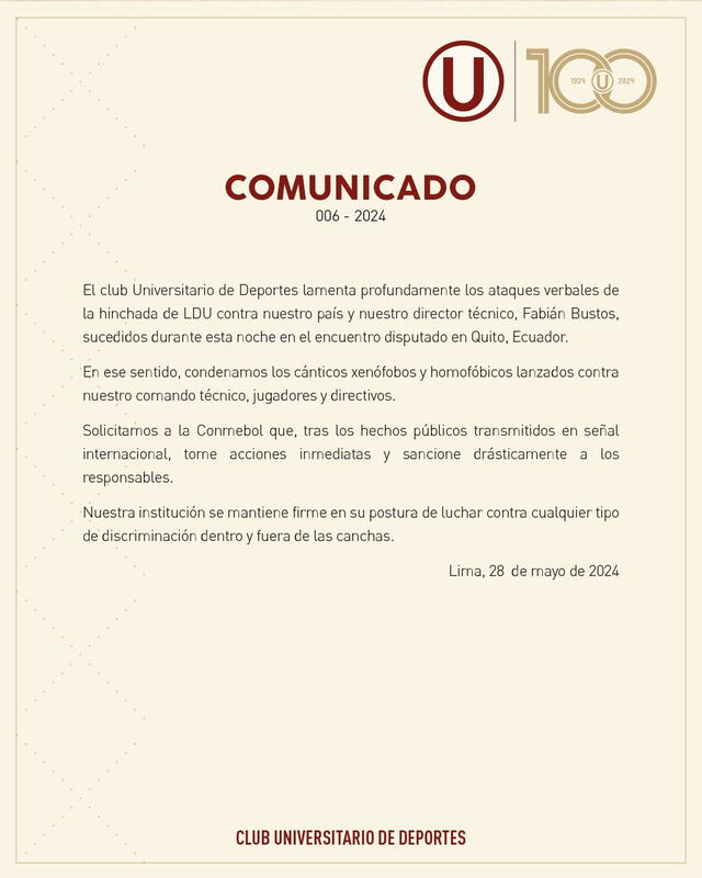 Comunicado de Universitario en sus redes sociales. Foto: Universitario   