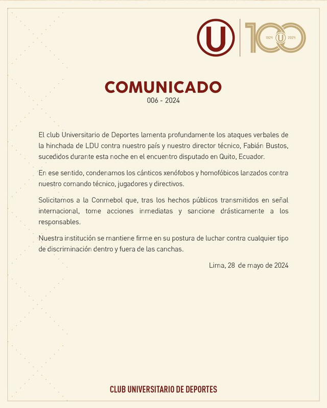 Comunicado del club crema por los insultos contra Carlos Bustos. Foto: Universitario   
