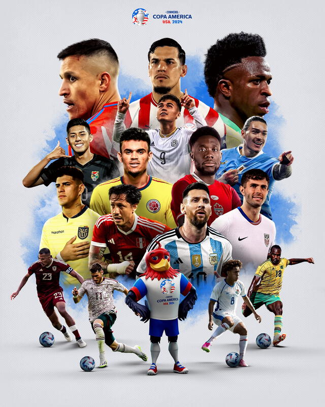 El afiche oficial del torneo incluye a 16 figuras de las selecciones participantes, además de la mascota. Foto: Conmebol Copa América   